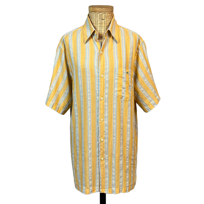 Chemise homme Lacoste vintage manches courtes, rayures moutarde et bleu ciel, coupe droite taille L, vue de face