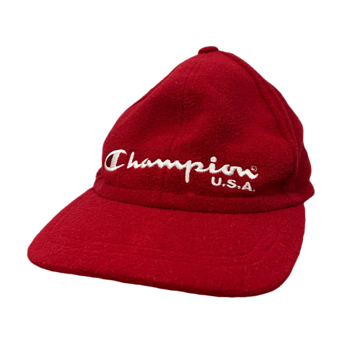 Casquette unisexe Champion rouge velours vintage années 90, logo brodé devant, taille réglable 54-62 cm, vue de face