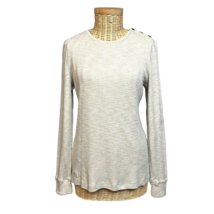 Pull léger femme Ralph Lauren blanc crème, col rond, boutons épaule, manches longues, 83% coton, taille 40, vue de face