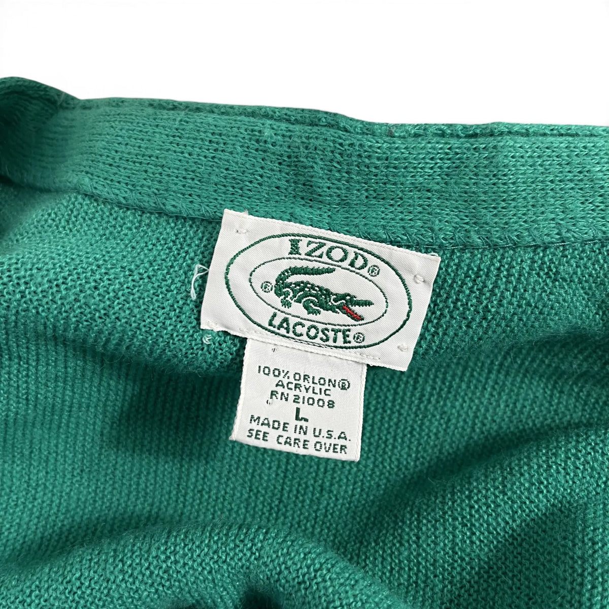 Étiquette Izod Lacoste, 100% Orlon acrylique, Made in USA, cardigan vert taille L
