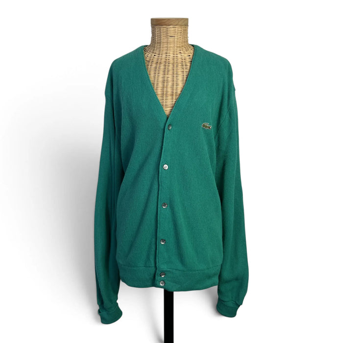 Cardigan homme Izod Lacoste vintage vert, col V, logo crocodile brodé, taille L, vue de face