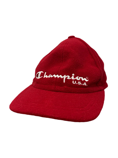 Casquette unisexe Champion rouge velours vintage années 90, logo brodé devant, taille réglable 54-62 cm, vue de face