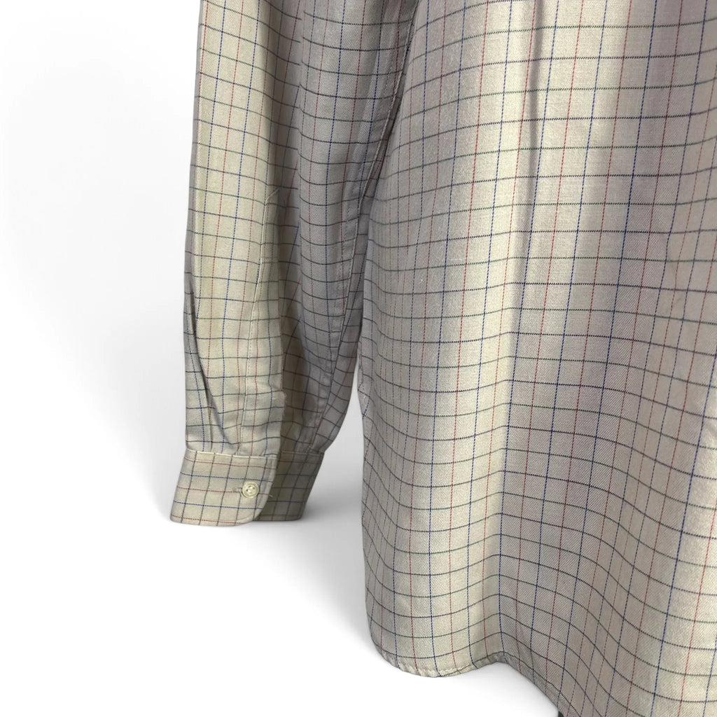 Détail manche et poignet boutonné vue de dos, chemise homme Cacharel beige à carreaux, taille S