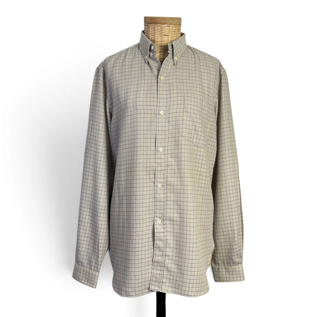 Chemise homme Cacharel vintage beige à carreaux bleu marine, rouge et vert, col boutonné, taille S, vue de face