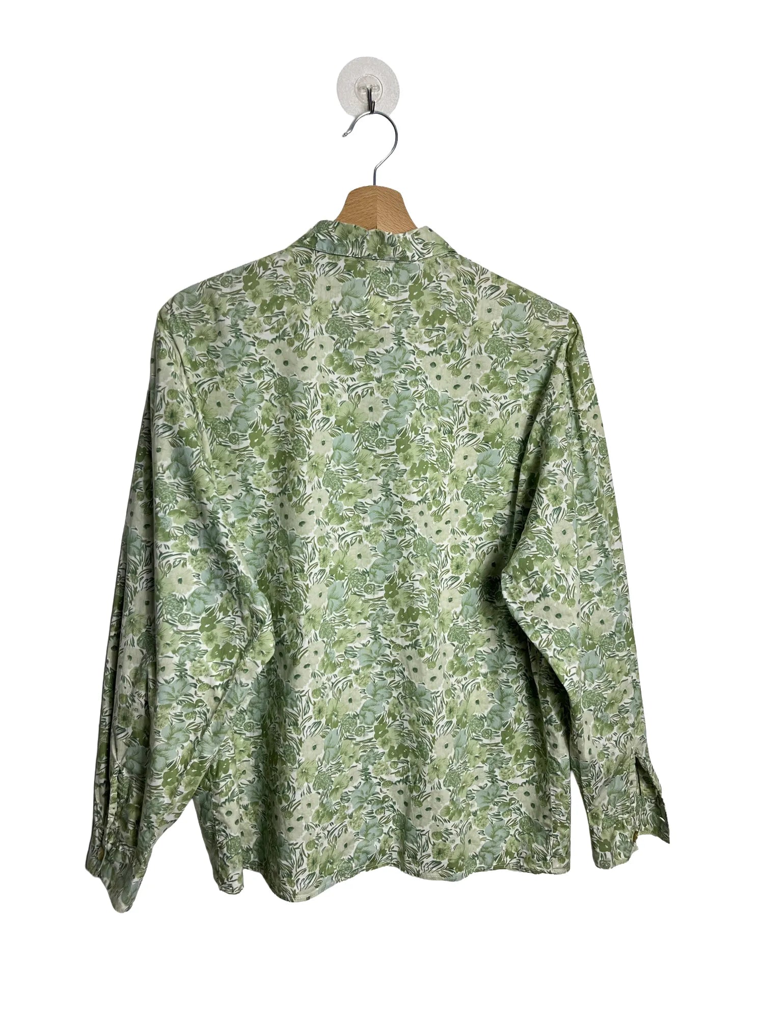 Dos du chemisier femme Cacharel vert motif fleur, fermeture boutonnée, manches longues, taille 42/44