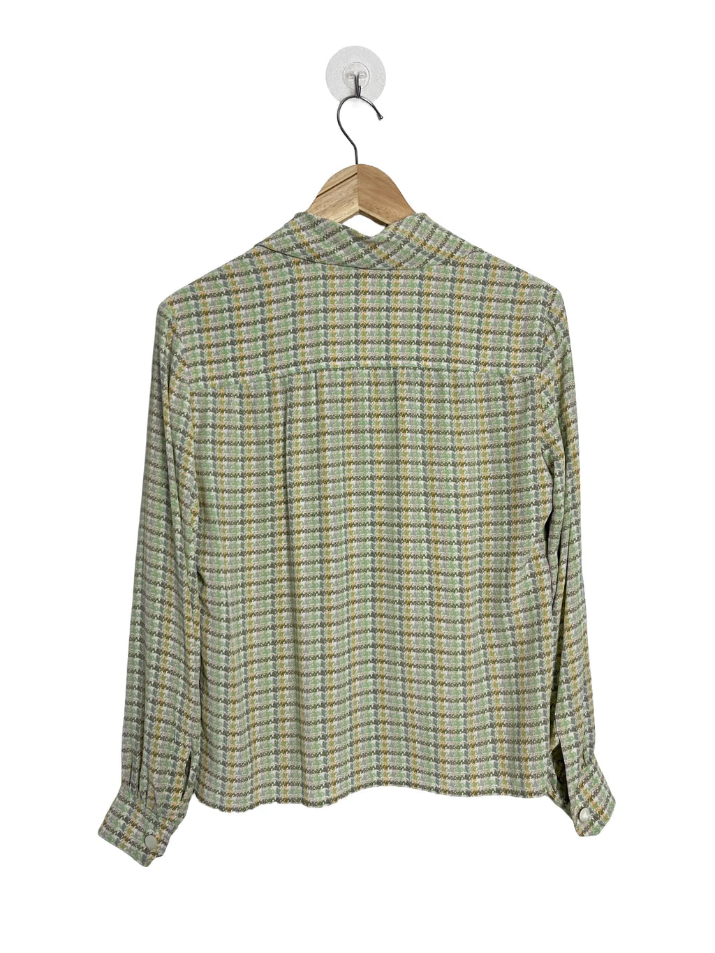 Dos du chemisier femme Céline 100% soie carreaux pastel, fermeture boutonnée, manches longues, taille 40