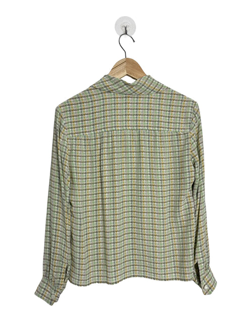 Dos du chemisier femme Céline 100% soie carreaux pastel, fermeture boutonnée, manches longues, taille 40