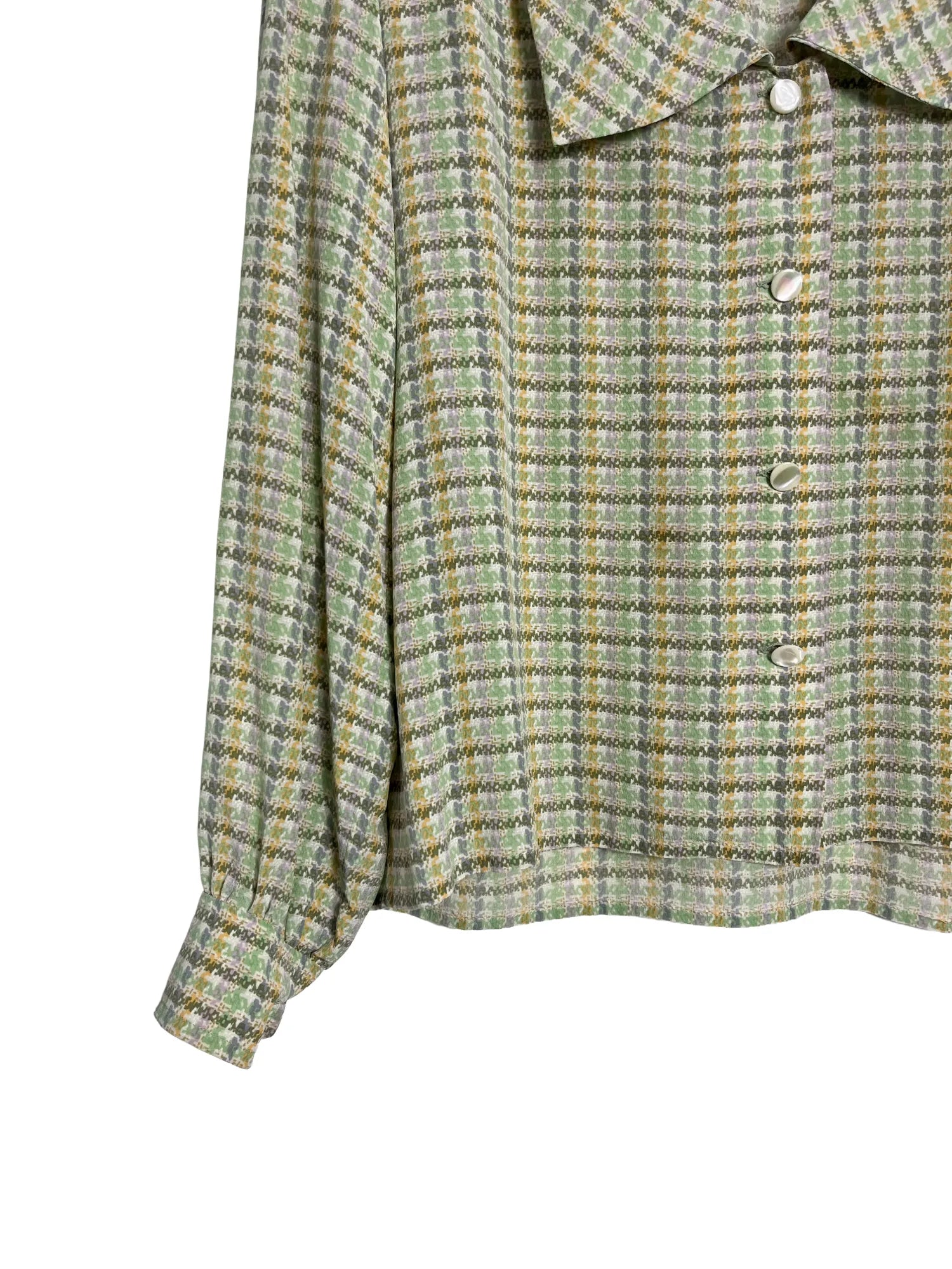 Détail étiquette Céline Made in France sur chemisier femme 100% soie carreaux pastel taille 40