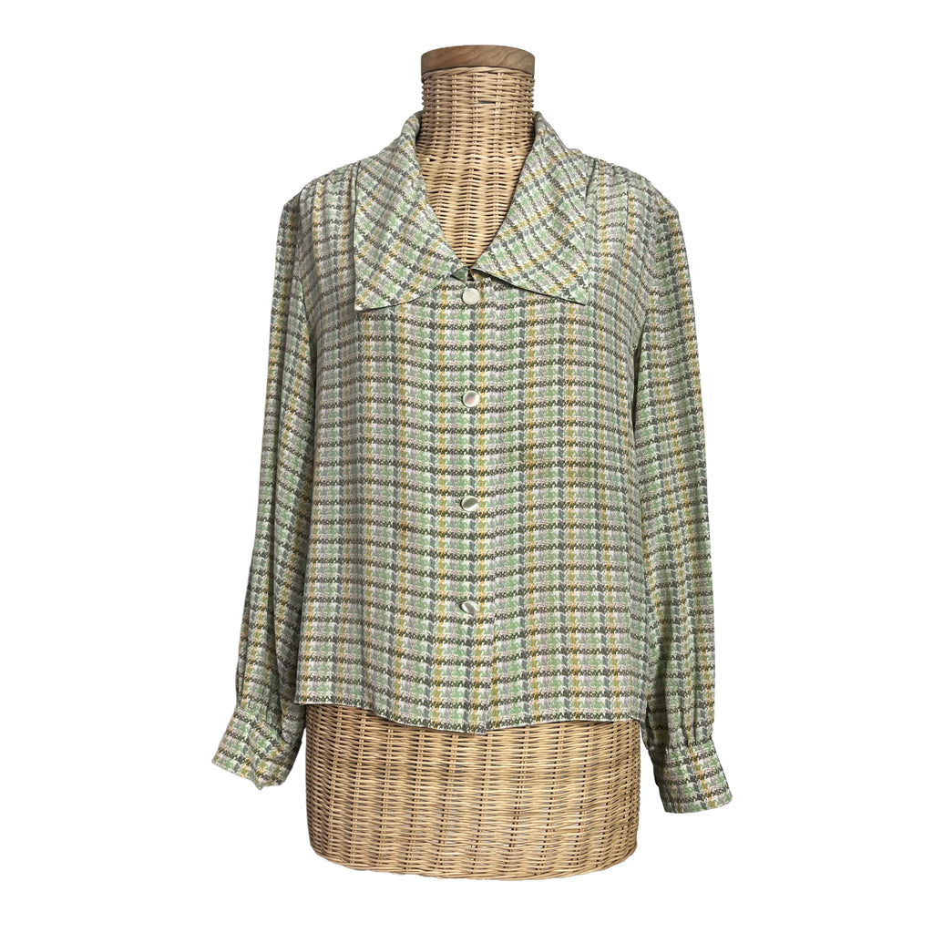 Chemisier femme Céline vintage en soie carreaux pastel, col chemise, taille 40, vue de face