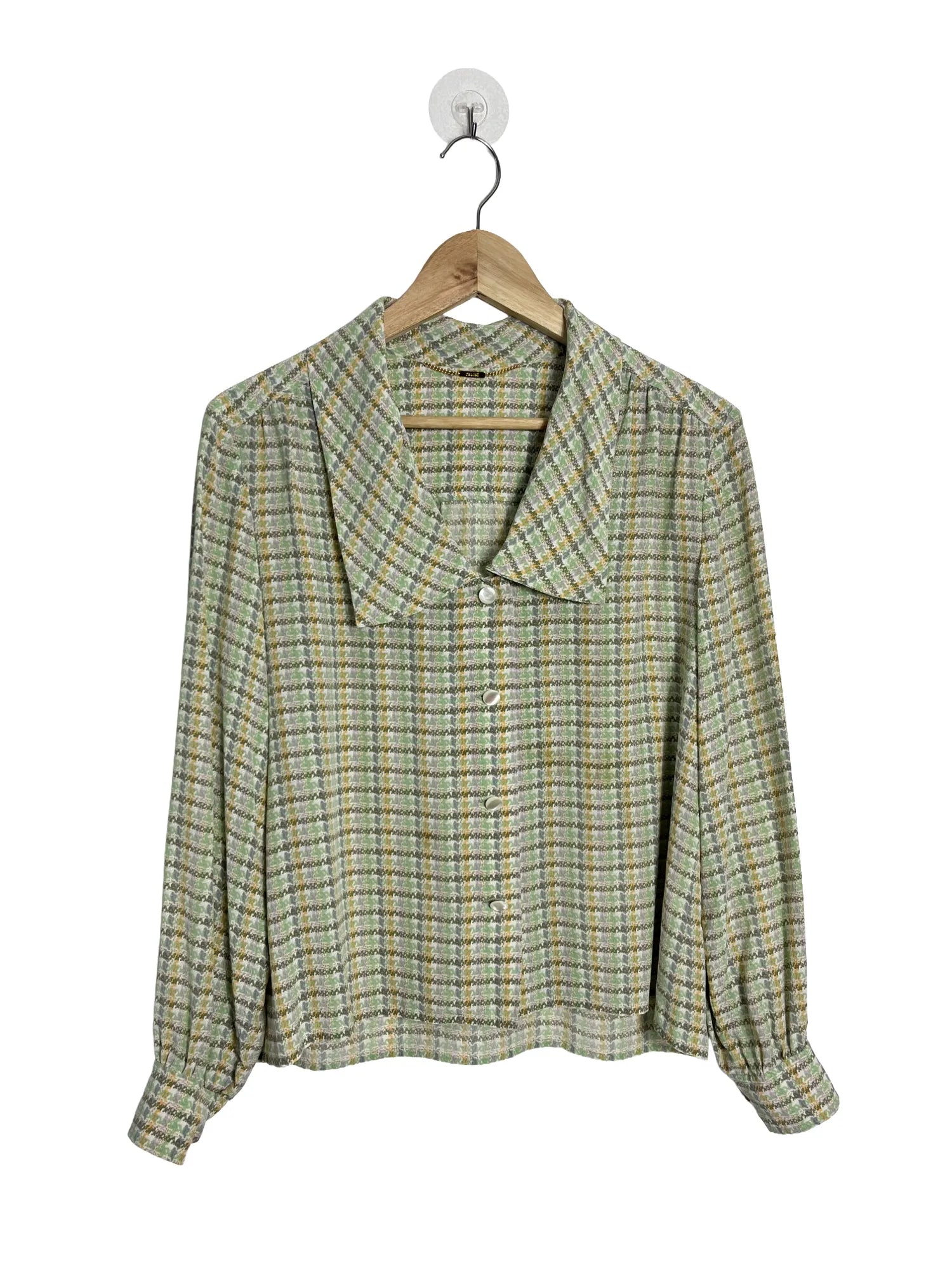 Chemisier femme Céline 100% soie carreaux pastel, col chemise, manches longues, coupe droite, taille 40, vue de face
