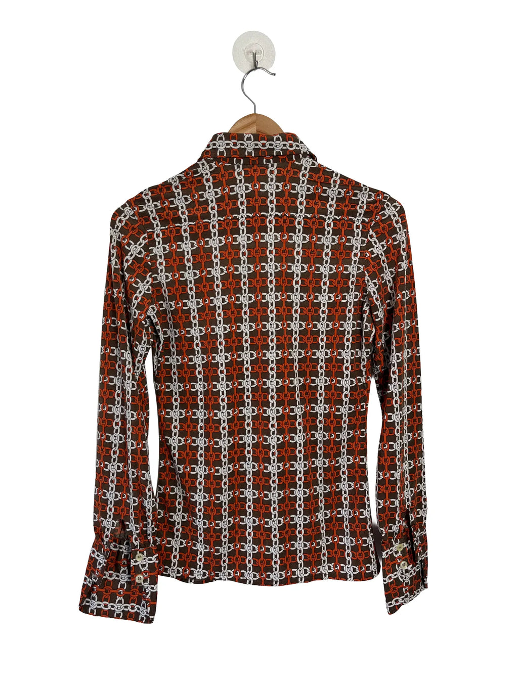 Dos du chemisier femme Nina Ricci marron motifs blancs et orange, coupe droite, taille 36