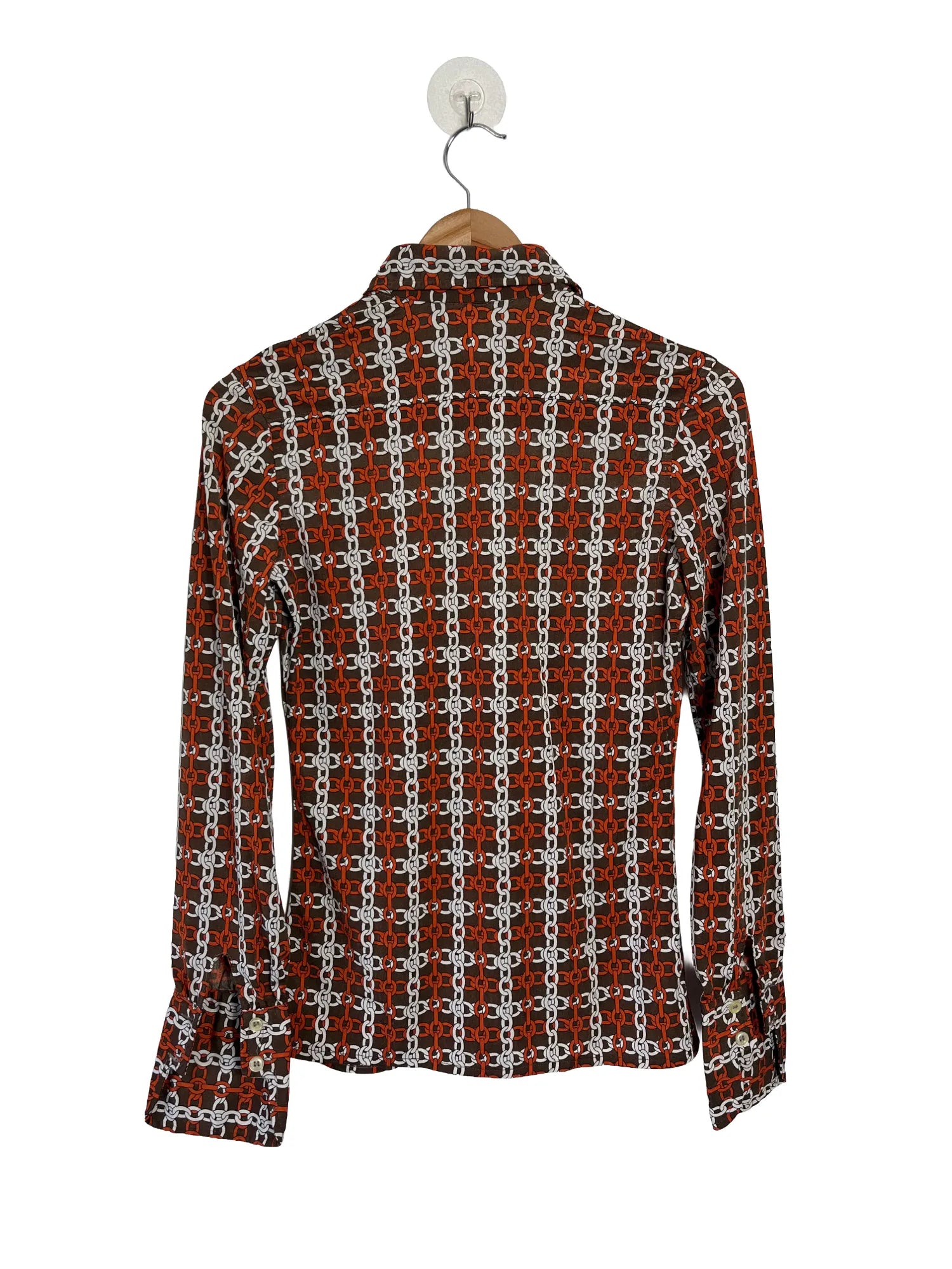 Dos du chemisier femme Nina Ricci marron motifs blancs et orange, coupe droite, taille 36