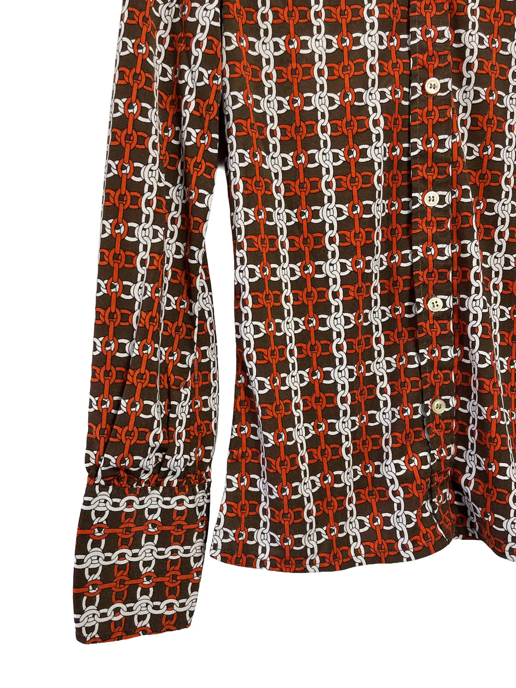 Détail étiquette Nina Ricci sur chemisier femme marron motifs taille 36