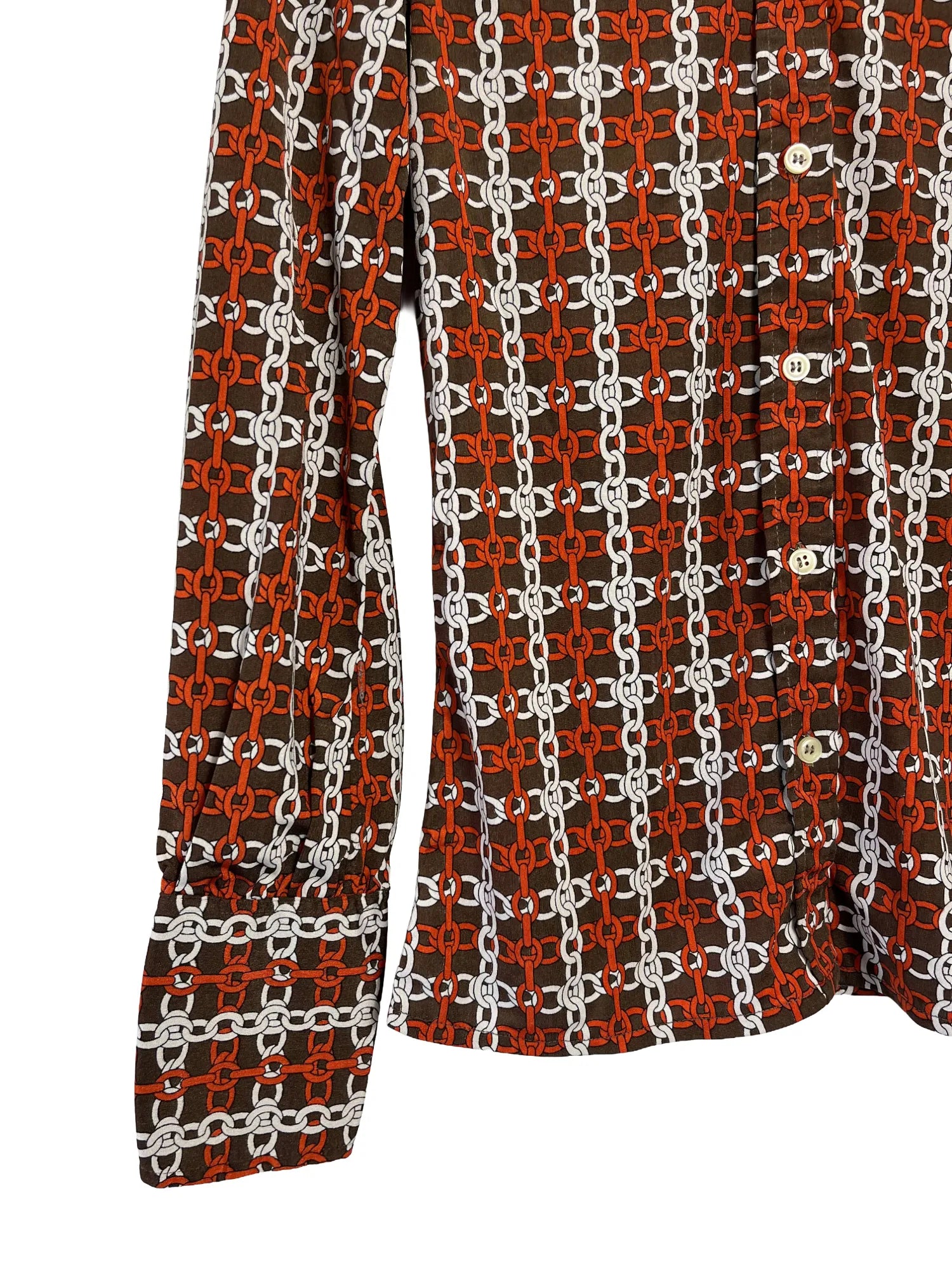 Détail étiquette Nina Ricci sur chemisier femme marron motifs taille 36