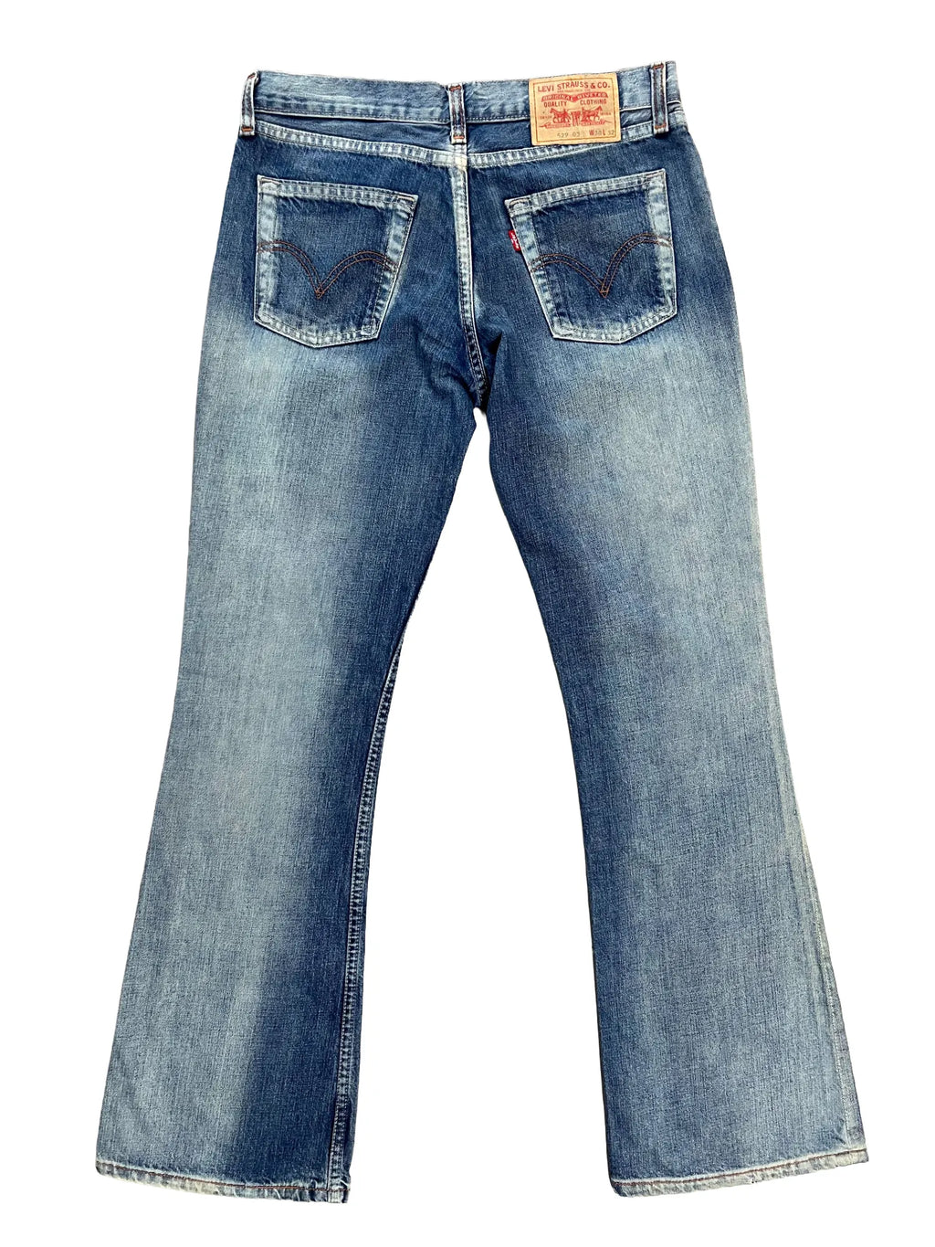 Dos du jean femme Levi's 529 bleu clair bootcut W30 L32, poches cavalières, patine vintage