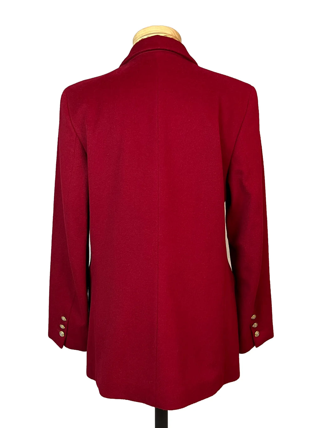 Dos du manteau femme Jodhpur vintage rouge cintré, laine cachemire angora, taille 40