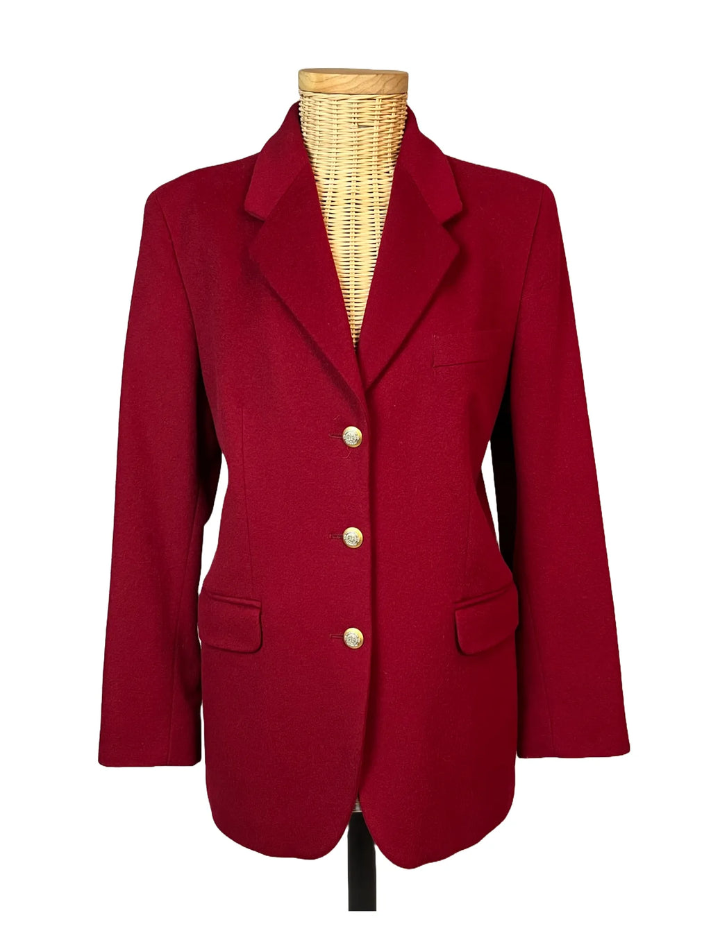 Manteau femme Jodhpur vintage rouge cintré, laine cachemire angora, boutons dorés, taille 40, vue de face