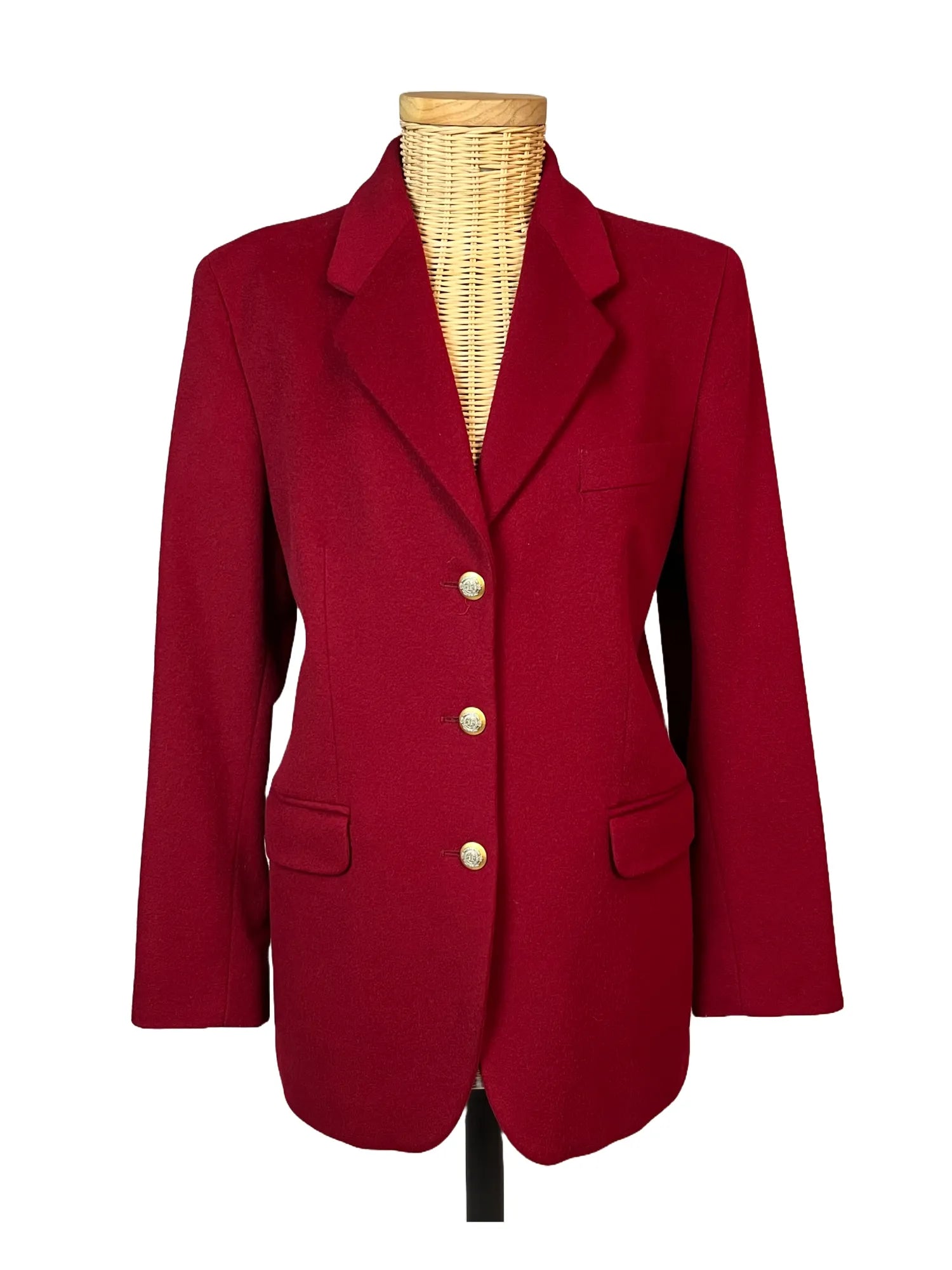 Manteau femme Jodhpur vintage rouge cintré, laine cachemire angora, boutons dorés, taille 40, vue de face