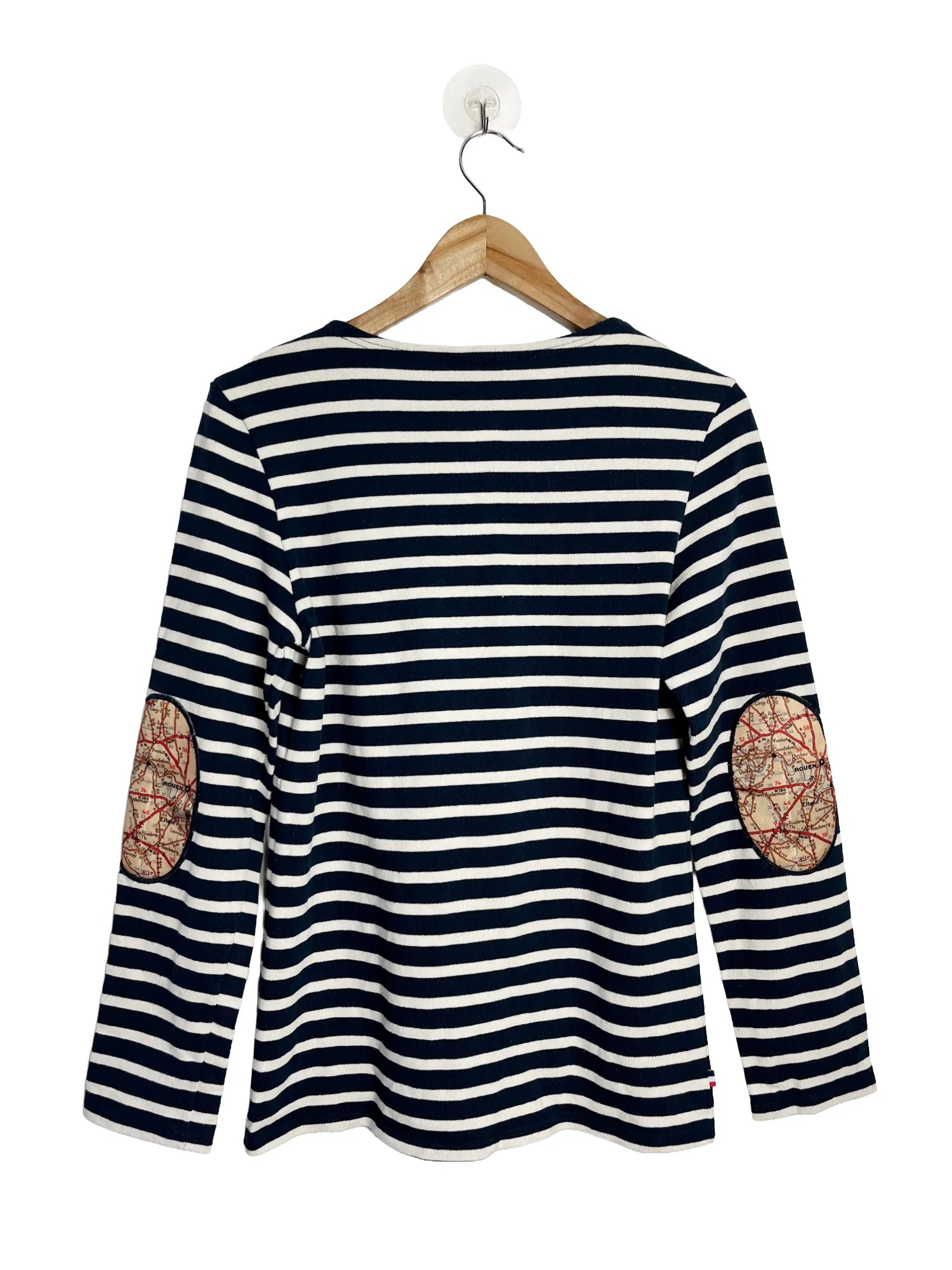 Dos de la marinière femme Saint James x Kiplay bleu marine rayures blanches, coupe droite, taille 36