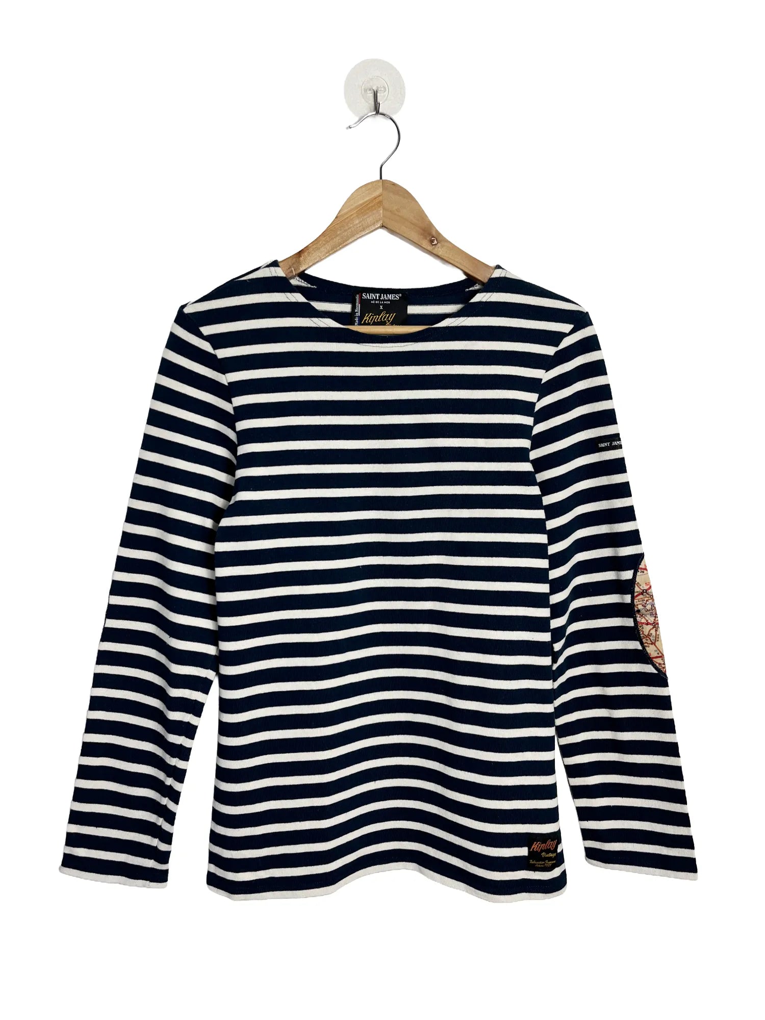 Marinière femme Saint James x Kiplay bleu marine rayures blanches, 100% coton, col bateau, taille 36, vue de face