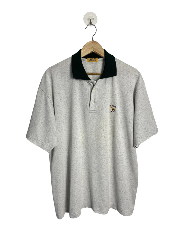 Polo homme Camel blanc chiné col vert foncé contrastant, logo Camel brodé, manches courtes, taille L, vue de face