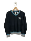 Pull femme Diesel vintage noir col V, logo cœur, col et manches bi-colore, taille 36, vue de face