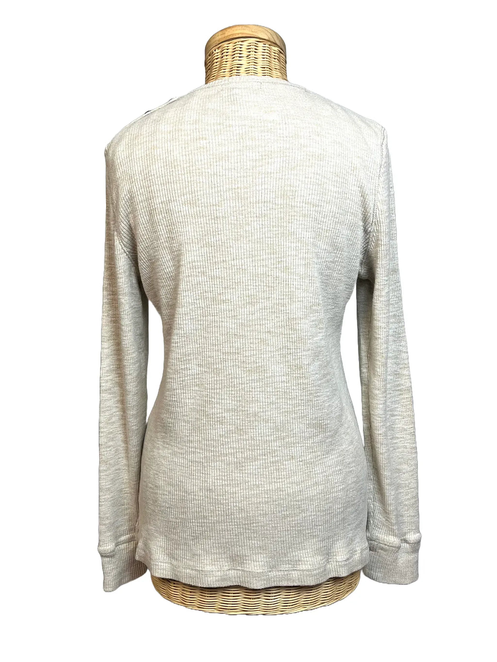 Dos du pull léger femme Ralph Lauren blanc crème, col rond, coupe classique, taille 40