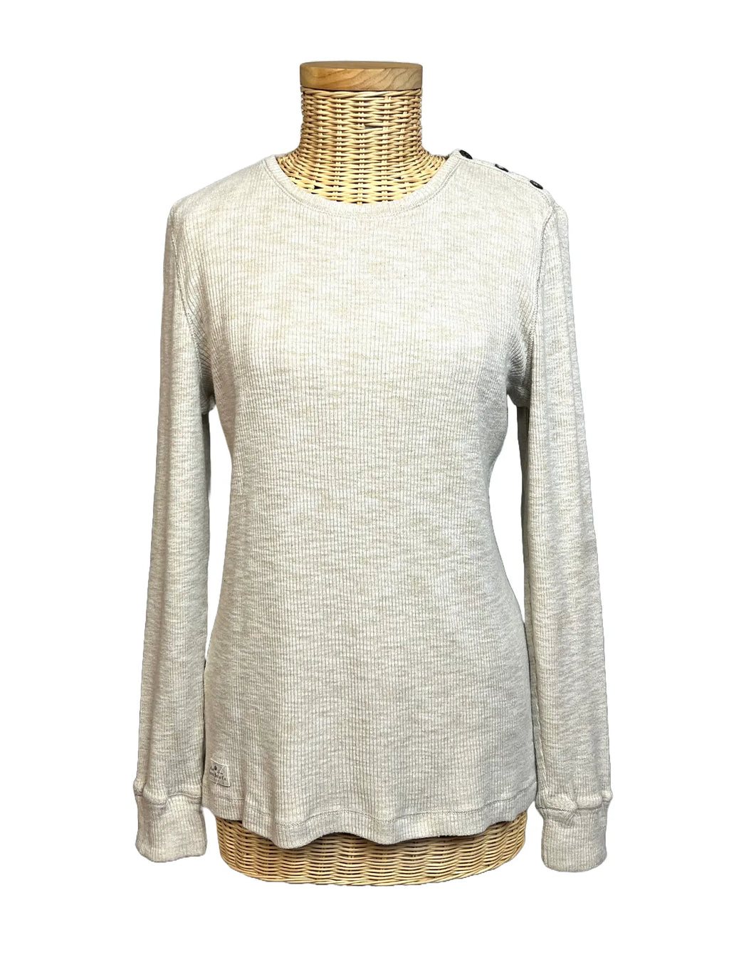 Pull léger femme Ralph Lauren blanc crème, col rond, boutons épaule, manches longues, 83% coton, taille 40, vue de face