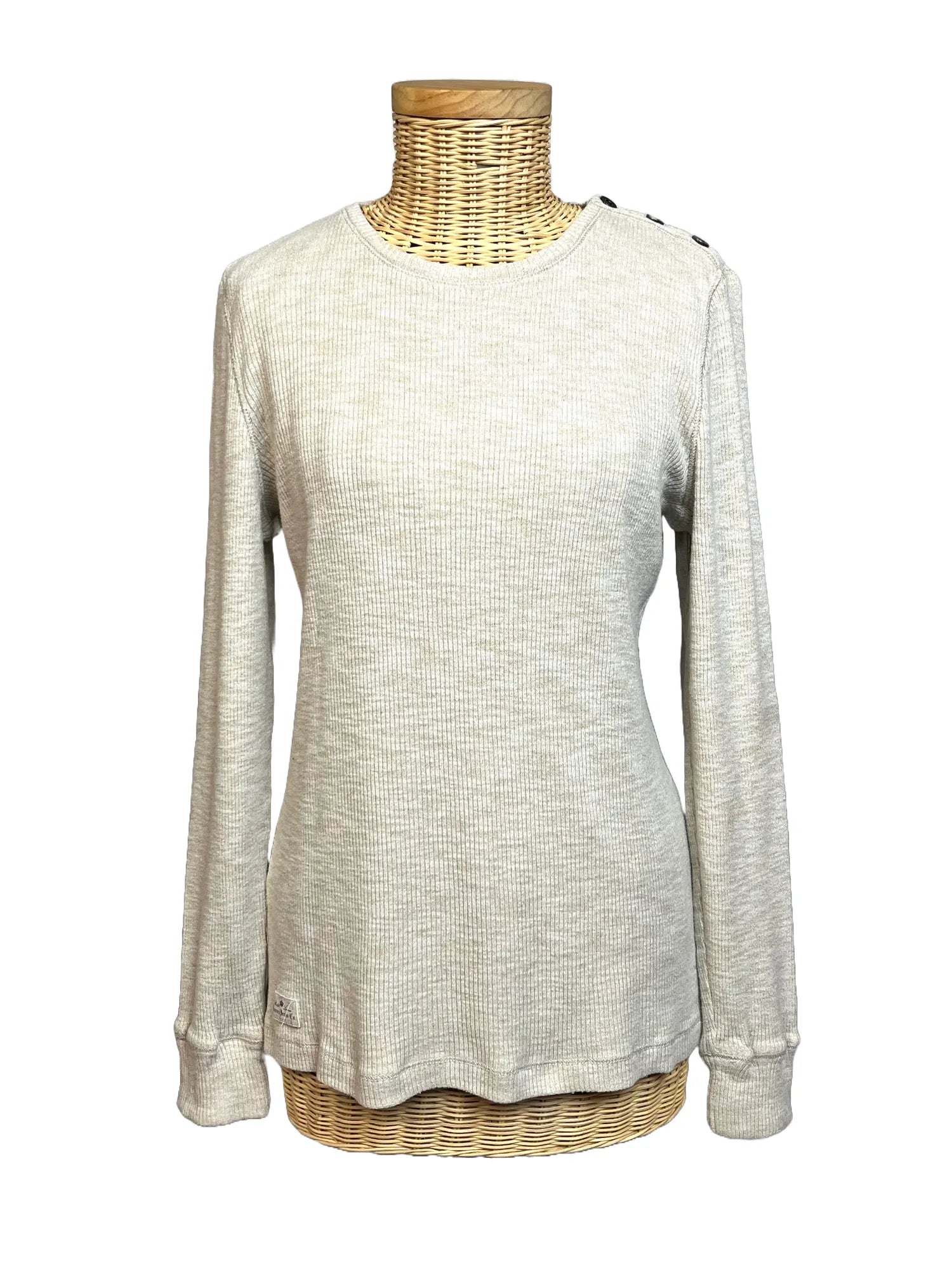 Pull léger femme Ralph Lauren blanc crème, col rond, boutons épaule, manches longues, 83% coton, taille 40, vue de face