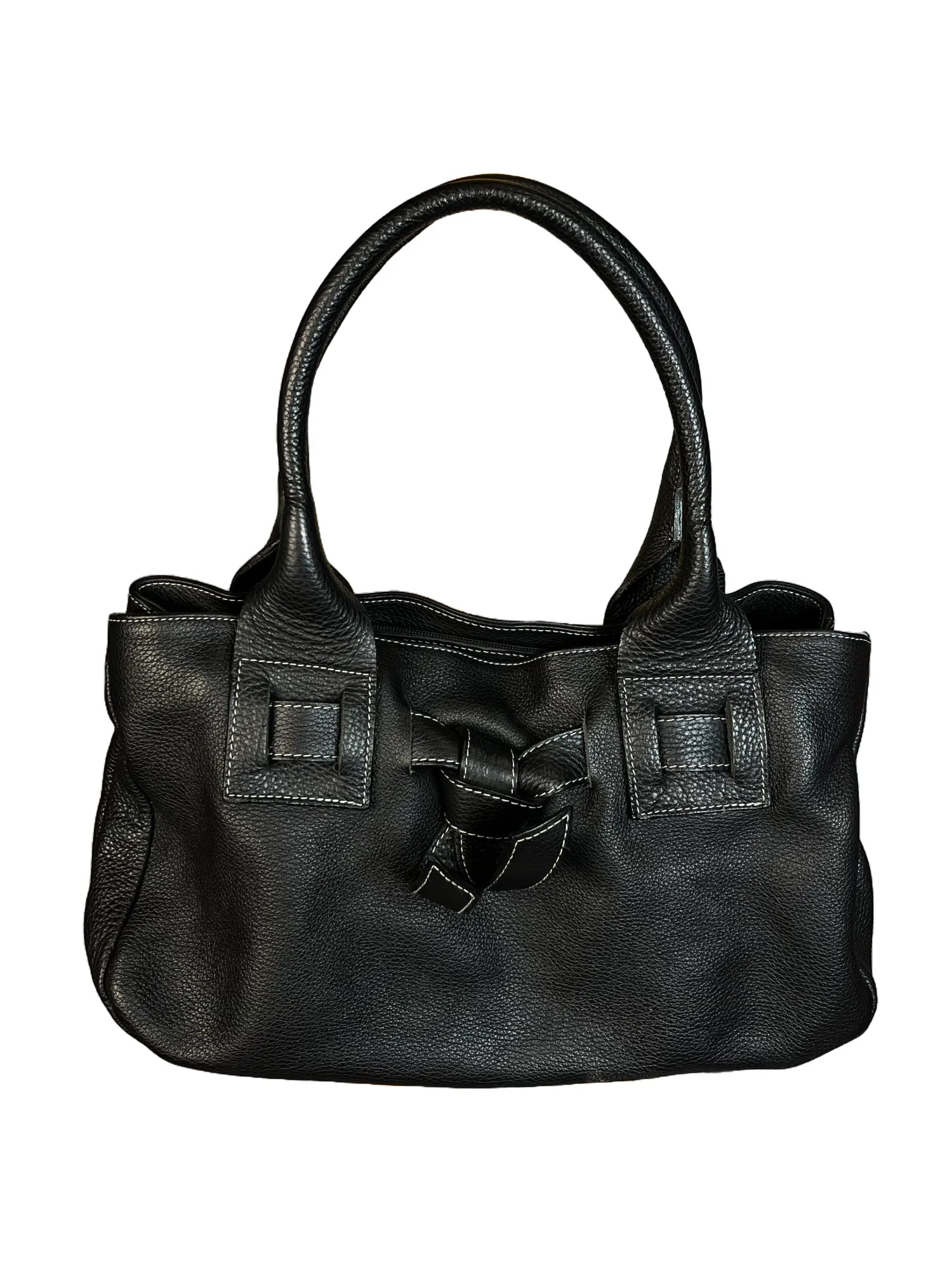 Sac à main noir en cuir véritable vintage, 40 x 22 cm, vue de face