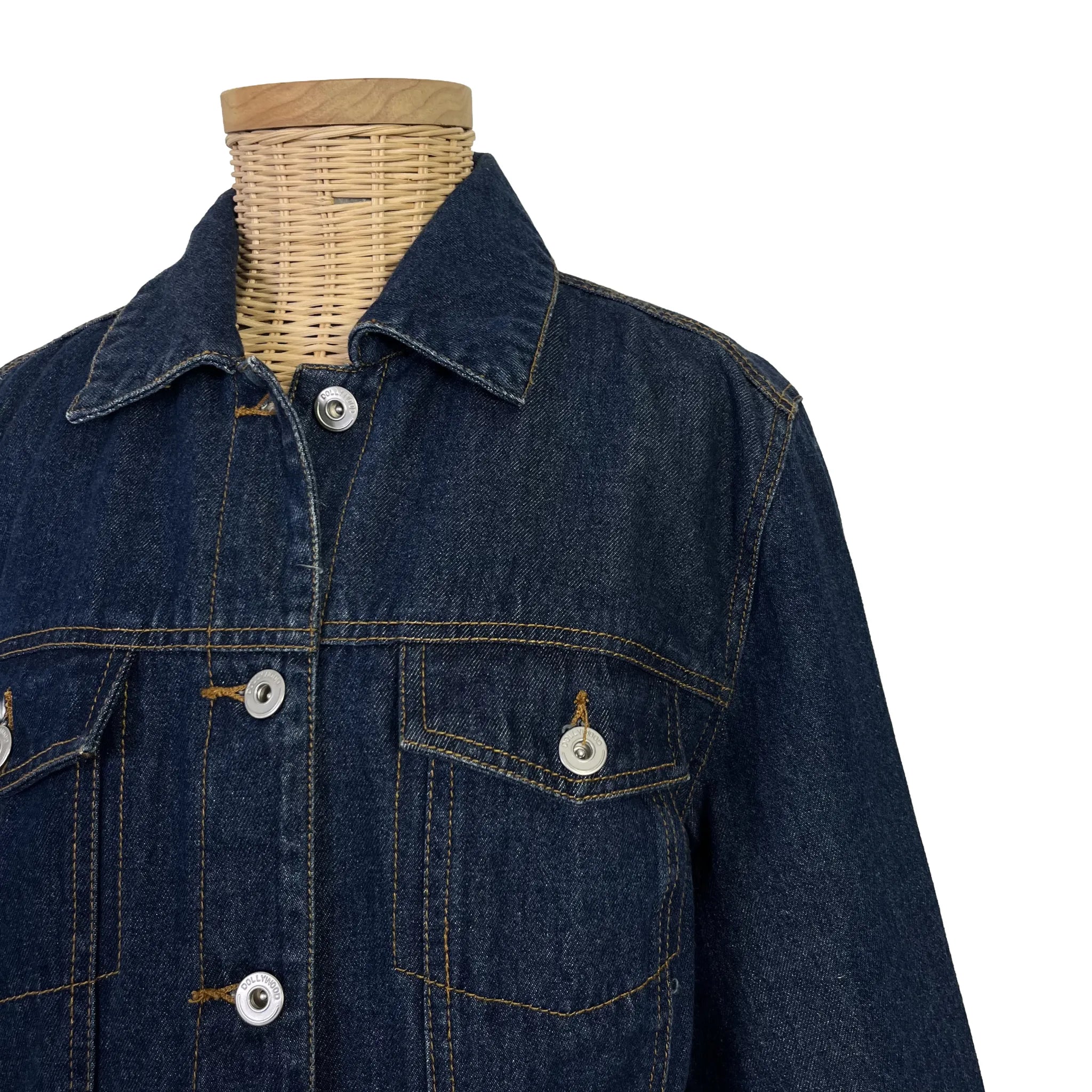 Détail épaule et col de la veste en jean femme Dollywood bleu marine, taille 44