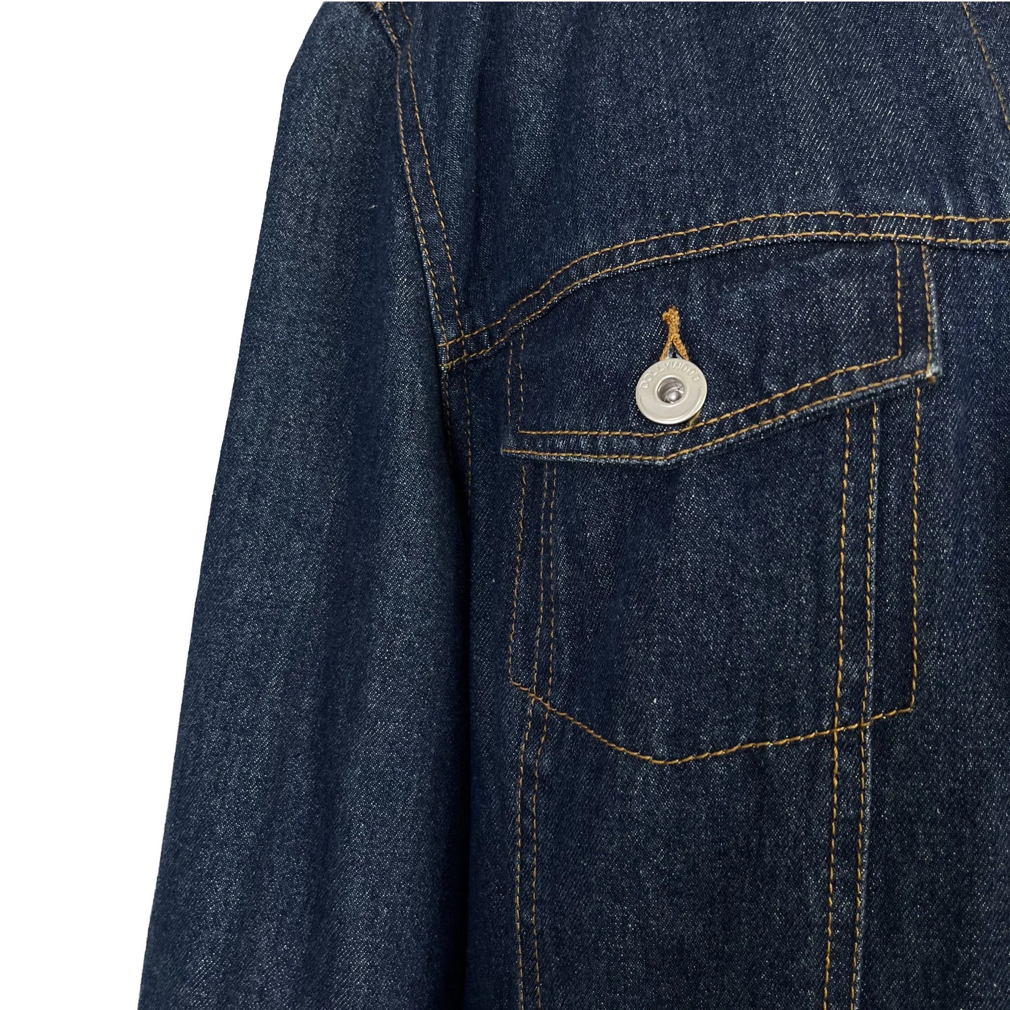 Détail poche poitrine de la veste en jean femme Dollywood bleu marine, taille 44