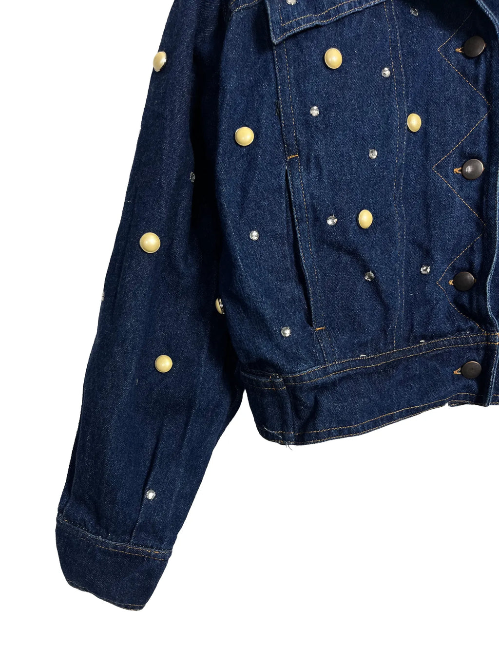 Détail étiquette Tarlazzi Made in Italy sur veste en jean bleu marine loose taille 42